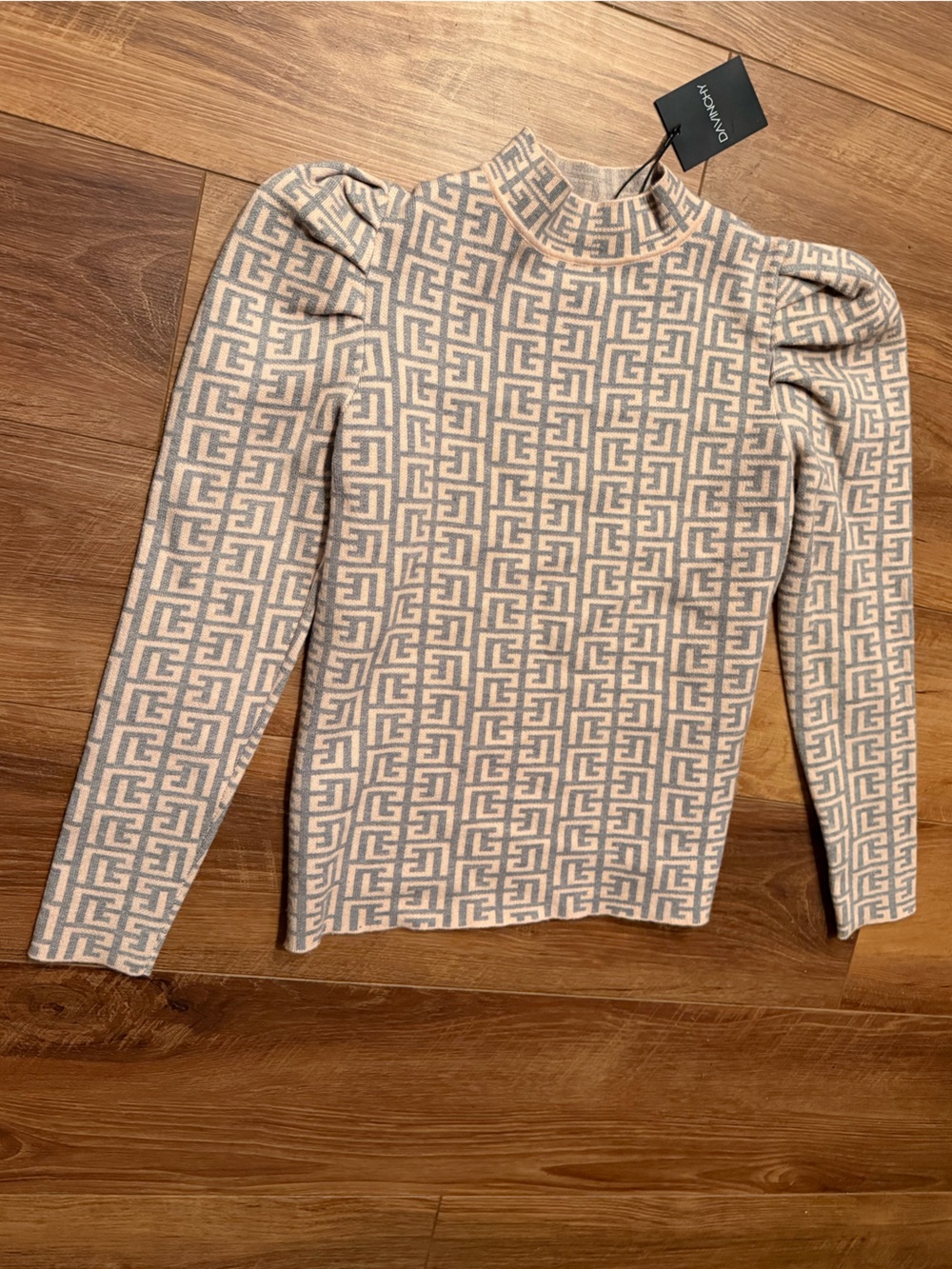 Tahari Cream & Light Blue Geometric Mock Neck Sweater